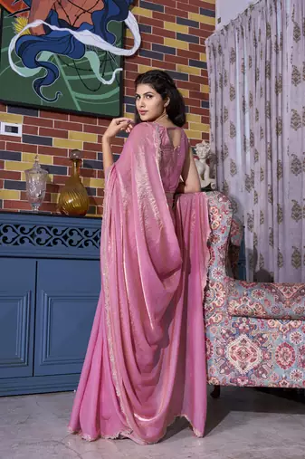 Designer pink handwork zircan work two tone silk saree