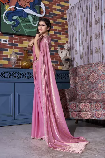 Designer pink handwork zircan work two tone silk saree