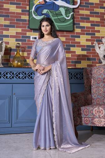 Designer grey handwork zircan work two tone silk saree