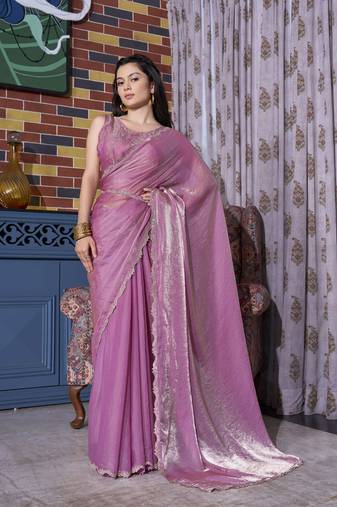 Designer lavender handwork zircan work two tone silk saree