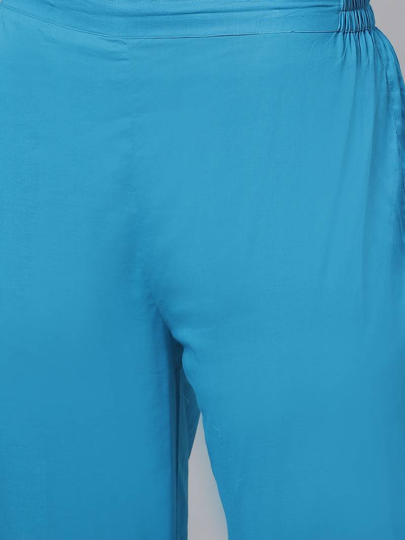 Hand embroidered blue cotton lucknowi chikankari straight kurta with trouser set