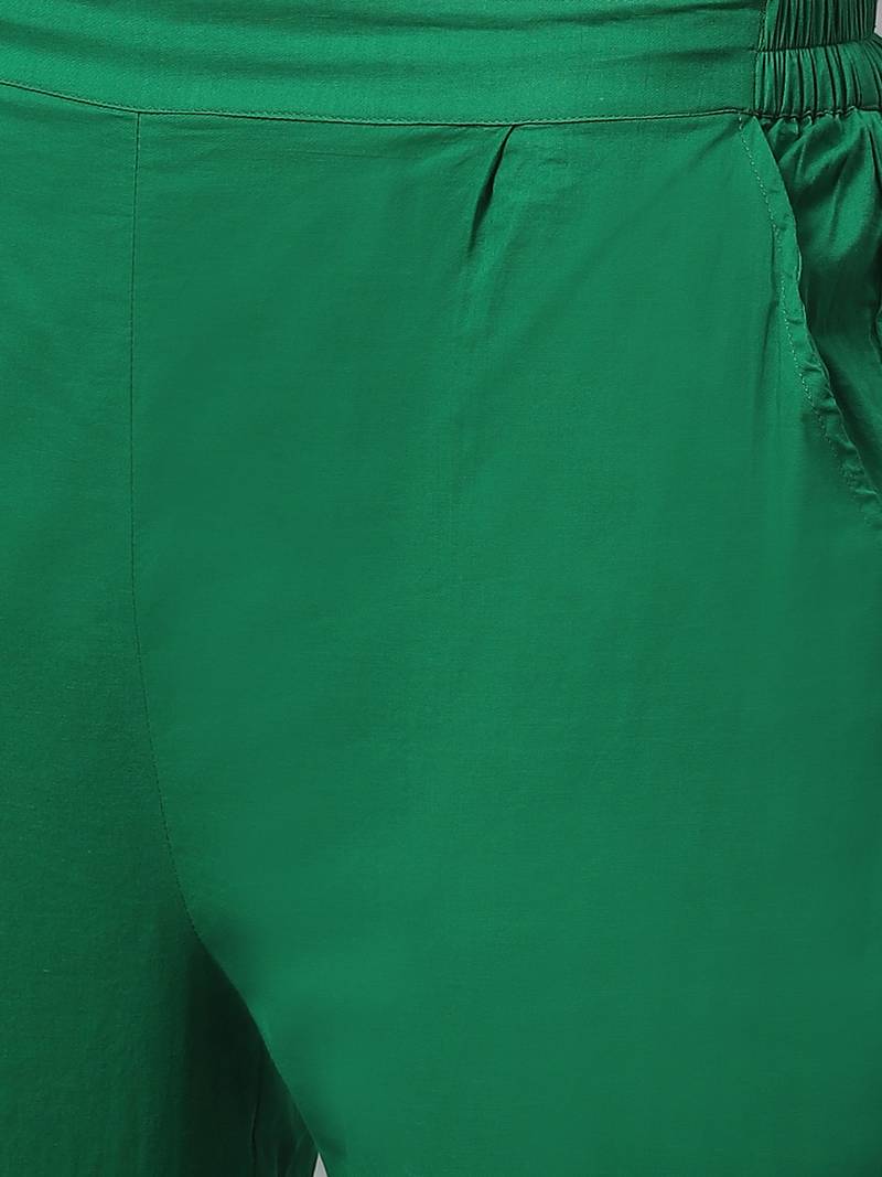 Hand embroidered green cotton lucknowi chikankari straight kurta with trouser set