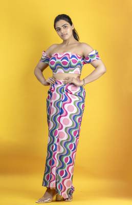 Multicolored  italian crepe fabric western drape skirt co ord set 1