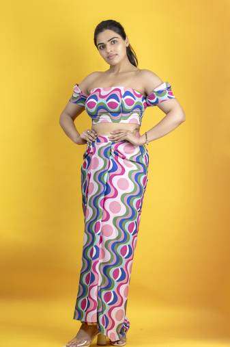 Multicolored  italian crepe fabric western drape skirt co ord set