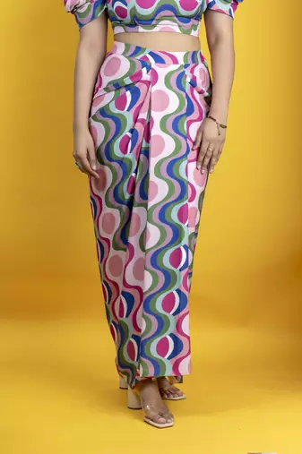 Multicolored  italian crepe fabric western drape skirt co ord set