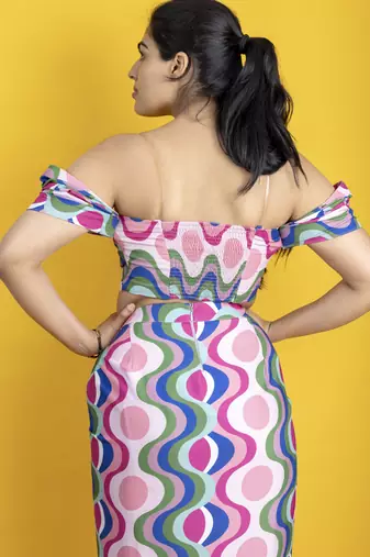 Multicolored  italian crepe fabric western drape skirt co ord set