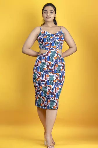 Multicolored italian crepe fabric calf length cut out dress