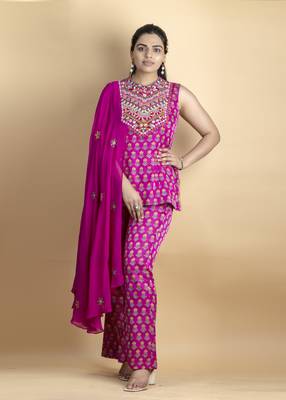Fuchsia embellished with threadwork on pure ajrakh fabric co ord set 1