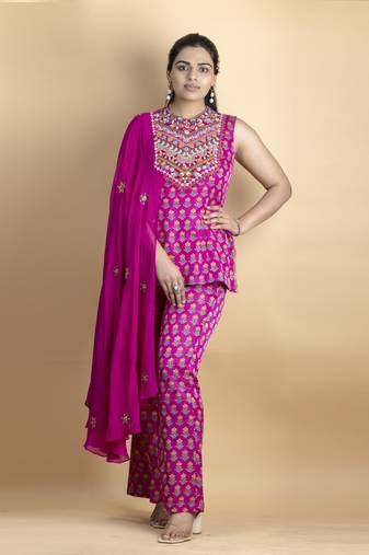 Fuchsia embellished with threadwork on pure ajrakh fabric co ord set