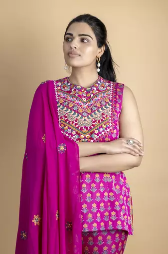 Fuchsia embellished with threadwork on pure ajrakh fabric co ord set
