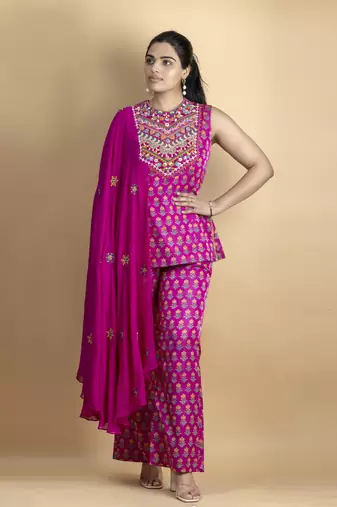Fuchsia embellished with threadwork on pure ajrakh fabric co ord set