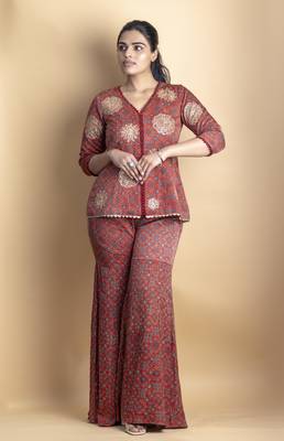 Crimson red aari work embellished co ord set shirt with paired gharara pants 1