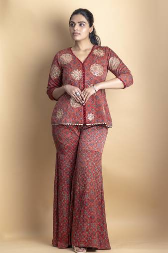 Crimson red aari work embellished co ord set shirt with paired gharara pants
