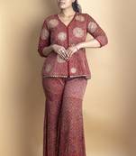 Crimson red aari work embellished co ord set shirt with paired gharara pants