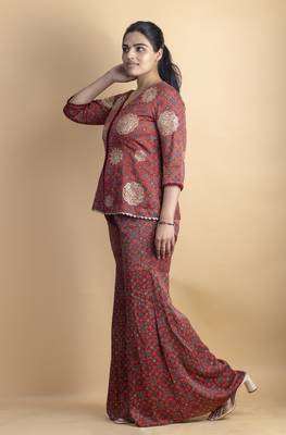 Crimson red aari work embellished co ord set shirt with paired gharara pants 2