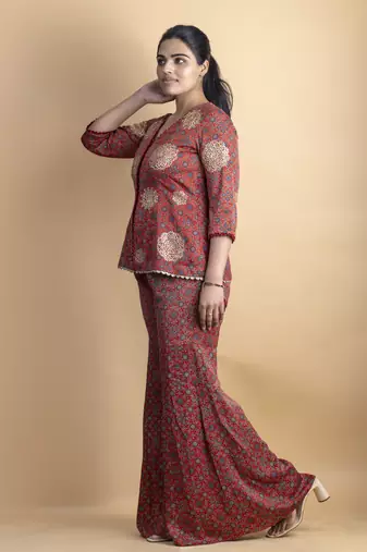 Crimson red aari work embellished co ord set shirt with paired gharara pants
