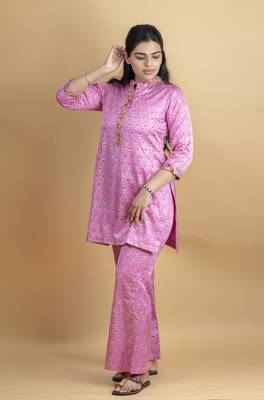Pink co ord set with hand work embellished top and bell shaped bottoms on pure ajrakh fabric 3
