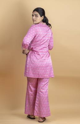 Pink co ord set with hand work embellished top and bell shaped bottoms on pure ajrakh fabric 4