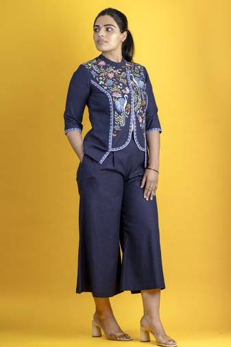Indigo cotton slub fabric embellished shirt with parsi gara work pants co ord set