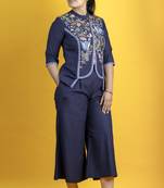 Indigo cotton slub fabric embellished shirt with parsi gara work pants co ord set