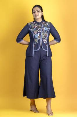 Indigo cotton slub fabric embellished shirt with parsi gara work pants co ord set 2
