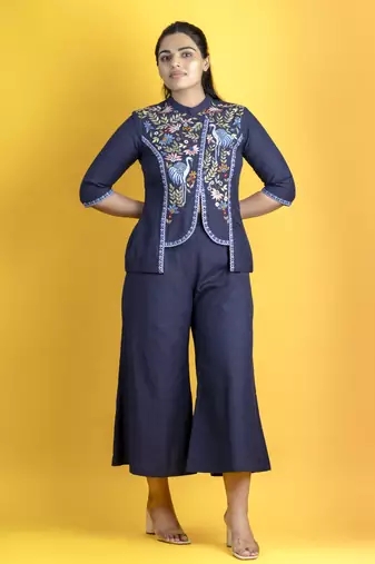 Indigo cotton slub fabric embellished shirt with parsi gara work pants co ord set