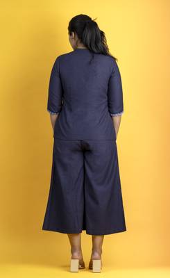 Indigo cotton slub fabric embellished shirt with parsi gara work pants co ord set 3