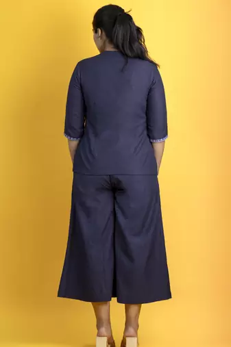 Indigo cotton slub fabric embellished shirt with parsi gara work pants co ord set