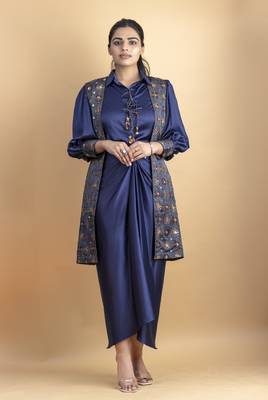 Indigo 3 piece pure ajrakh fabric indowestern with sequins work jacket, shirt with dori detail placket and drape skirt 1