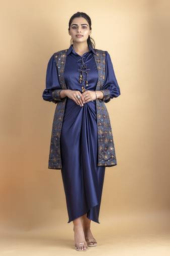 Indigo 3 piece pure ajrakh fabric indowestern with sequins work jacket, shirt with dori detail placket and drape skirt