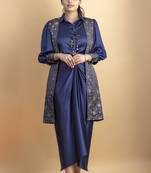 Indigo 3 piece pure ajrakh fabric indowestern with sequins work jacket, shirt with dori detail placket and drape skirt