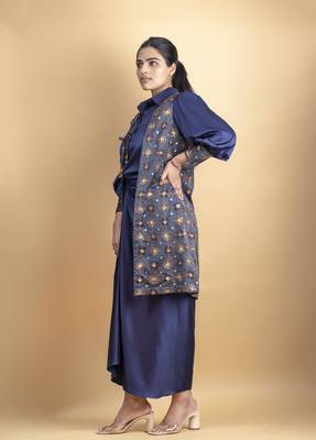 Indigo 3 piece pure ajrakh fabric indowestern with sequins work jacket, shirt with dori detail placket and drape skirt 2
