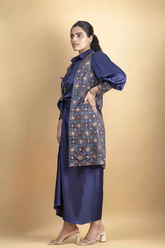 Indigo 3 piece pure ajrakh fabric indowestern with sequins work jacket, shirt with dori detail placket and drape skirt