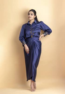 Indigo 3 piece pure ajrakh fabric indowestern with sequins work jacket, shirt with dori detail placket and drape skirt 3
