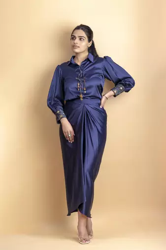 Indigo 3 piece pure ajrakh fabric indowestern with sequins work jacket, shirt with dori detail placket and drape skirt