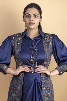 Indigo 3 piece pure ajrakh fabric indowestern with sequins work jacket, shirt with dori detail placket and drape skirt 4