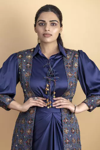 Indigo 3 piece pure ajrakh fabric indowestern with sequins work jacket, shirt with dori detail placket and drape skirt