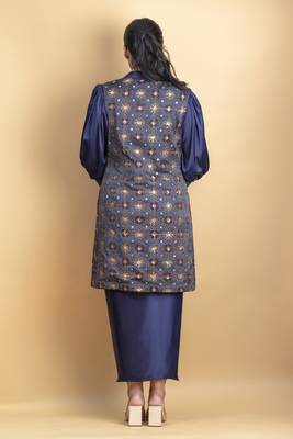 Indigo 3 piece pure ajrakh fabric indowestern with sequins work jacket, shirt with dori detail placket and drape skirt 5