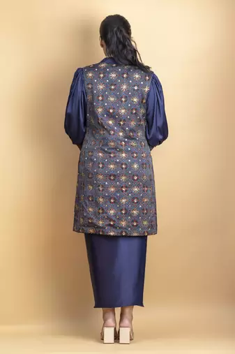 Indigo 3 piece pure ajrakh fabric indowestern with sequins work jacket, shirt with dori detail placket and drape skirt