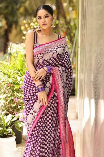 Purple Banarasi Soft Silk blend saree