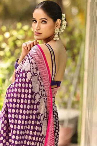 Purple Banarasi Soft Silk blend saree