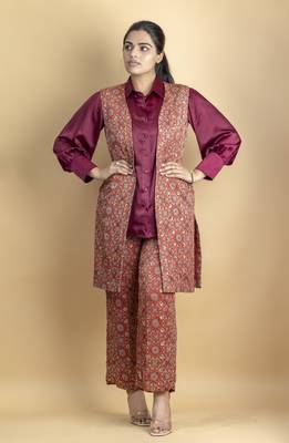 Crimson red ajrakh fabric embellished jacket 3 piece co ord set 1