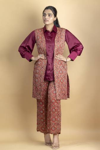 Crimson red ajrakh fabric embellished jacket 3 piece co ord set