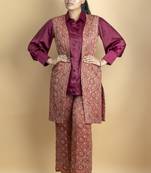 Crimson red ajrakh fabric embellished jacket 3 piece co ord set