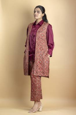 Crimson red ajrakh fabric embellished jacket 3 piece co ord set 2