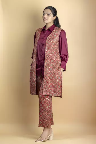 Crimson red ajrakh fabric embellished jacket 3 piece co ord set