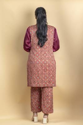 Crimson red ajrakh fabric embellished jacket 3 piece co ord set 3