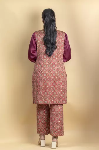 Crimson red ajrakh fabric embellished jacket 3 piece co ord set
