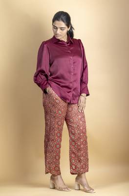 Crimson red ajrakh fabric embellished jacket 3 piece co ord set 4