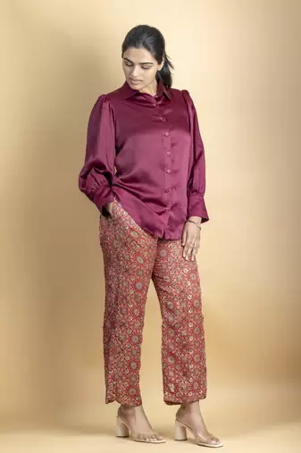 Crimson red ajrakh fabric embellished jacket 3 piece co ord set